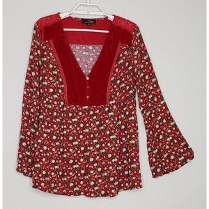 Suzanna Betro Womens Top Medium Red Long Bell Sleeve Floral Velvet V-Neck Blouse